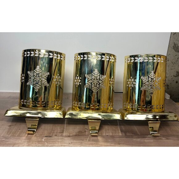 Set Of 3 Gold Metal Snowflake Stocking Holders With Candle Holder Inserts - Picture 1 of 6